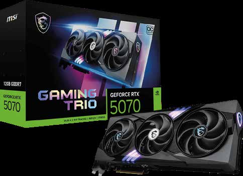 Tarjeta de Video GeForce RTX 5070 12G GAMING TRIO OC Model Name: G5070-12GTC Graphics Processing Unit: NVIDIA GeForce RTX 5070 Interface: PCI Express Gen 5 Core Clocks: Extreme Performance: 2625 MHz (MSI Center), Boost: 2610 MHz CUDA CORES: 6144 Units Memory Speed: 28 Gbps Memory: 12GB GDDR7 Memory Bus: 192-bit Output: DisplayPort x 3 (v2.1b), HDMI x 1 (As specified in HDMI 2.1b: up to 4K 480Hz or 8K 120Hz with DSC, Gaming VRR, HDR Power consumption: 250 W Recommended PSU: 650 W