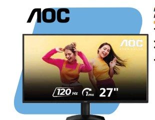 Monitor AOC LED 27” 120Hz, Profesional, Plano, IPS, FHD •Frecuencia de actualización Max 120 Hz •Brillo en Nits 300 cd/m² •Entrada de señal (HDMI 1.4 × 1, VGA × 1) •3 Años de garantía en pantalla