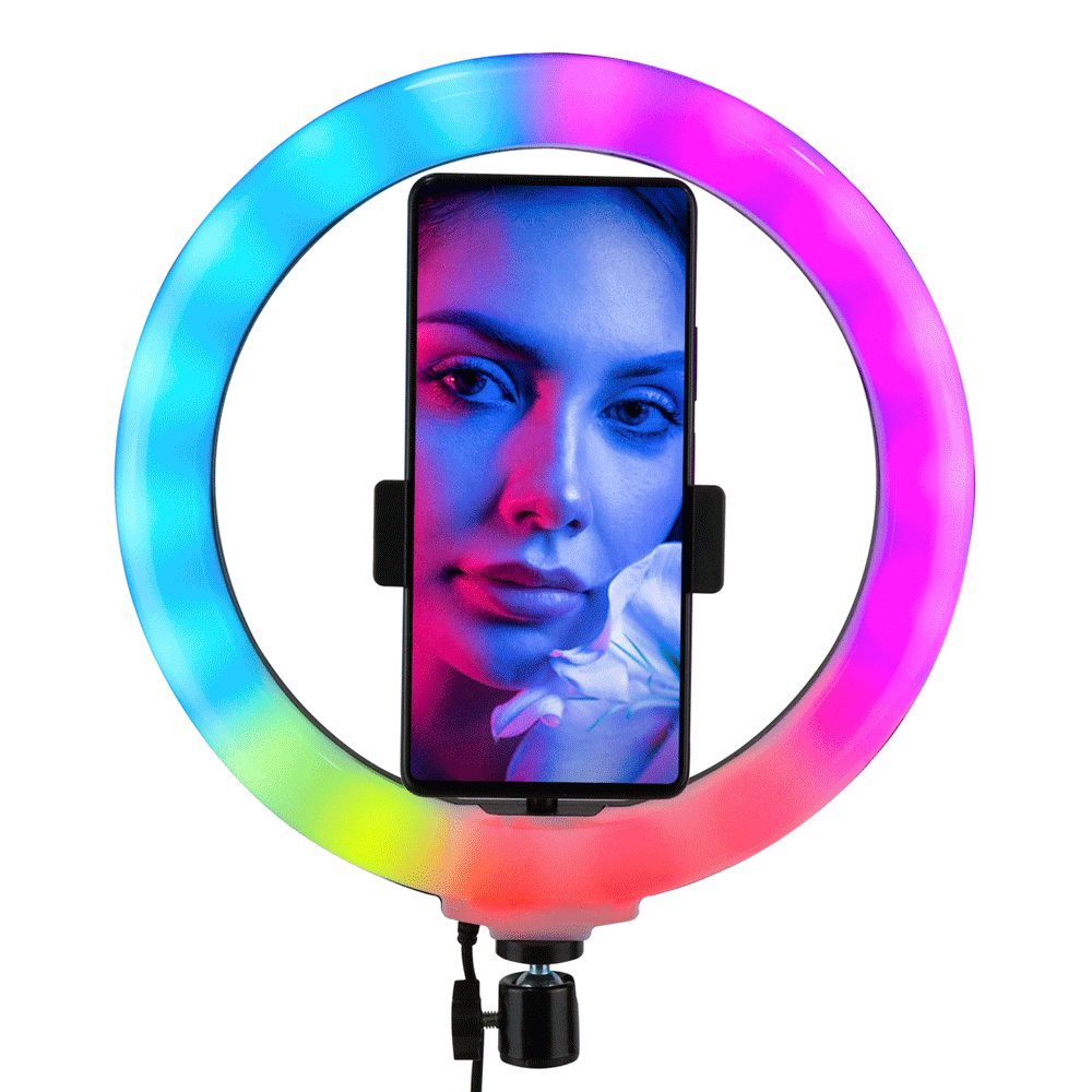 ARO DE LUZ 26 CMS RGB + TRÍPODE 2.1 MTRS · Alimentación usb · 30W · Tamaño aro 26 cms · Soporte 360 para celular · Luces RGB · Incluye trípode 2.1mts, control remoto y accesorios