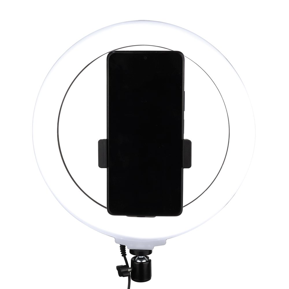 ARO DE LUZ 26 CMS LED + TRIPODE 2.1MTRS · Alimentación USB · 30W · Tamaño aro 26 cms · Soporte 360 para celular · Luces LED · Incluye trípode 2.1mts, control remoto y accesorios