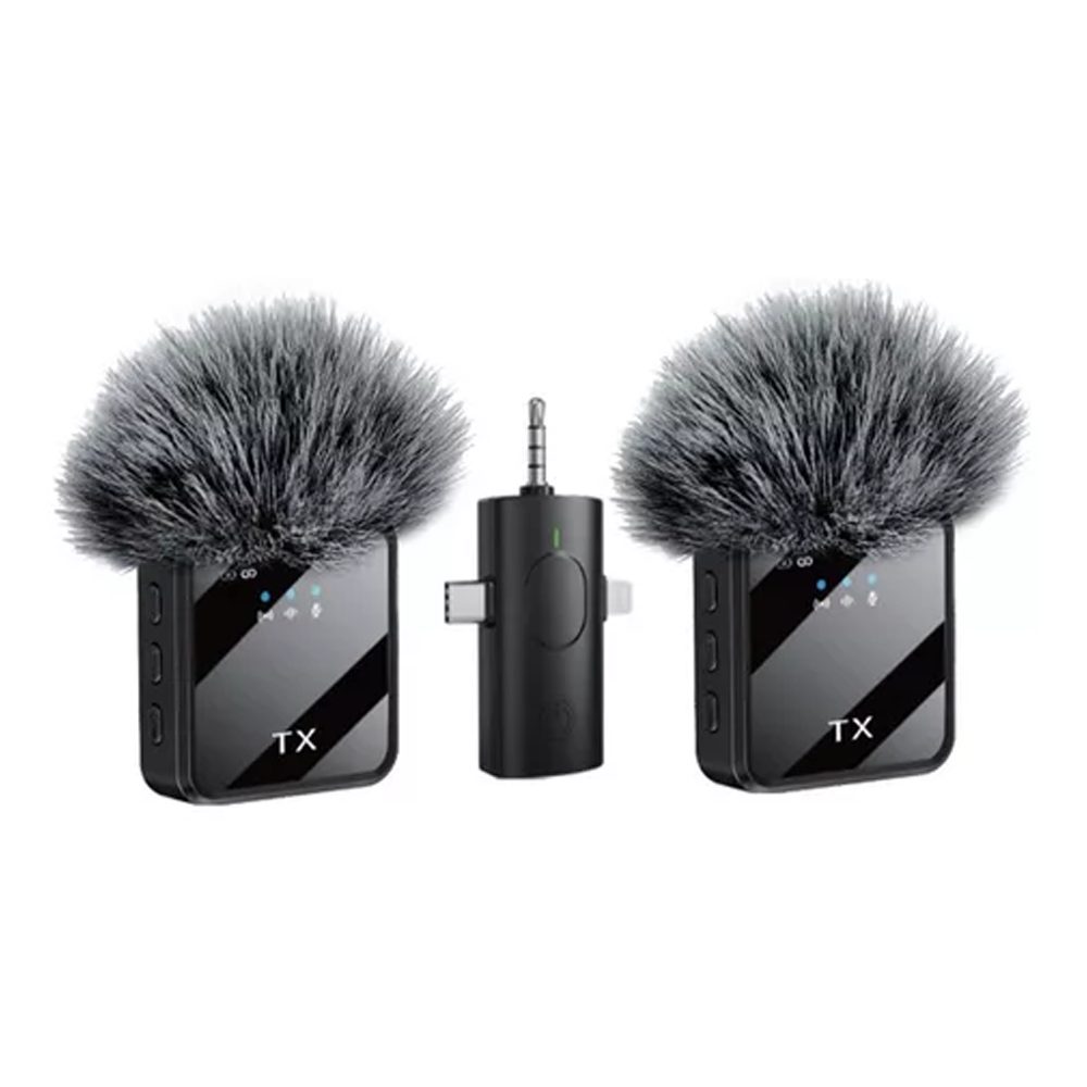 MICROFONO TX PELUDO 3 EN 1 SET X2 - F11 · Micrófono para Smartphone 3 en 1 Set X2 · Incluye 2 micrófonos · Con interfaz Tipo C, Lightning y 3.5mm · Compatible con iPhone, teléfonos Android, cámaras, computadoras portátiles, computadoras de escritorio, tabletas y altavoces · Reducción de Ruido DSP · Potencia Nominal: 10W · Relación Señal-Ruido: =75dB · Micrófono omnidireccional · Incluye 1 Cortavientos Grande · Batería Interna Recargable · Distancia 10 a 20 Metros · Plug and play