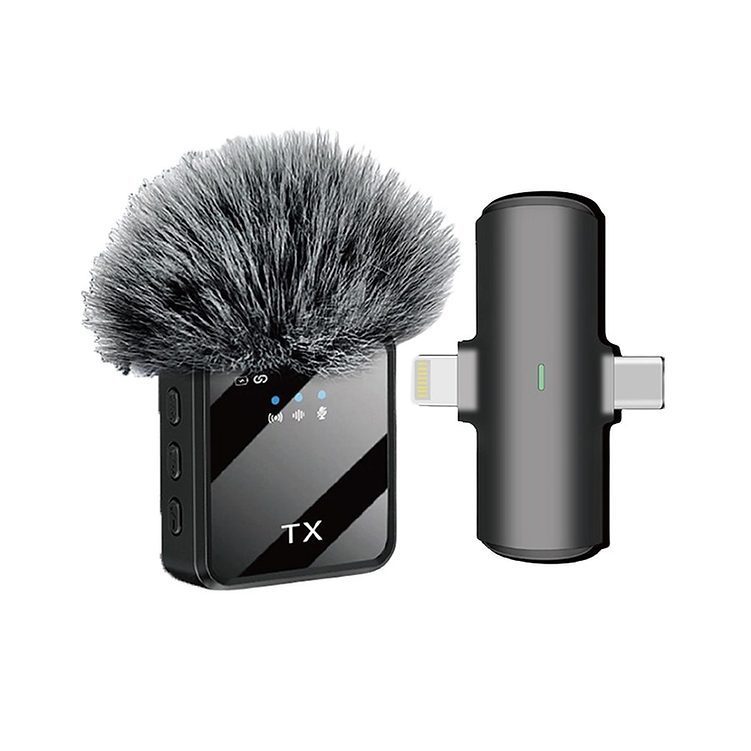 MICROFONO TX PELUDO 2 EN 1 - F15-2IN1 · Micrófono para Smartphone 2 en 1 · Con interfaz Tipo C y Lightning · Compatible con iPhone, teléfonos Android, cámaras, computadoras portátiles, computadoras de escritorio, tabletas y altavoces · Reducción de Ruido DSP · Potencia Nominal: 10W · Relación Señal-Ruido: =75dB · Capacidad de batería: 300mAh · Micrófono omnidireccional · Incluye 1 Cortavientos Grande · Batería Interna Recargable · Distancia 10 a 20 Metros · Plug and play