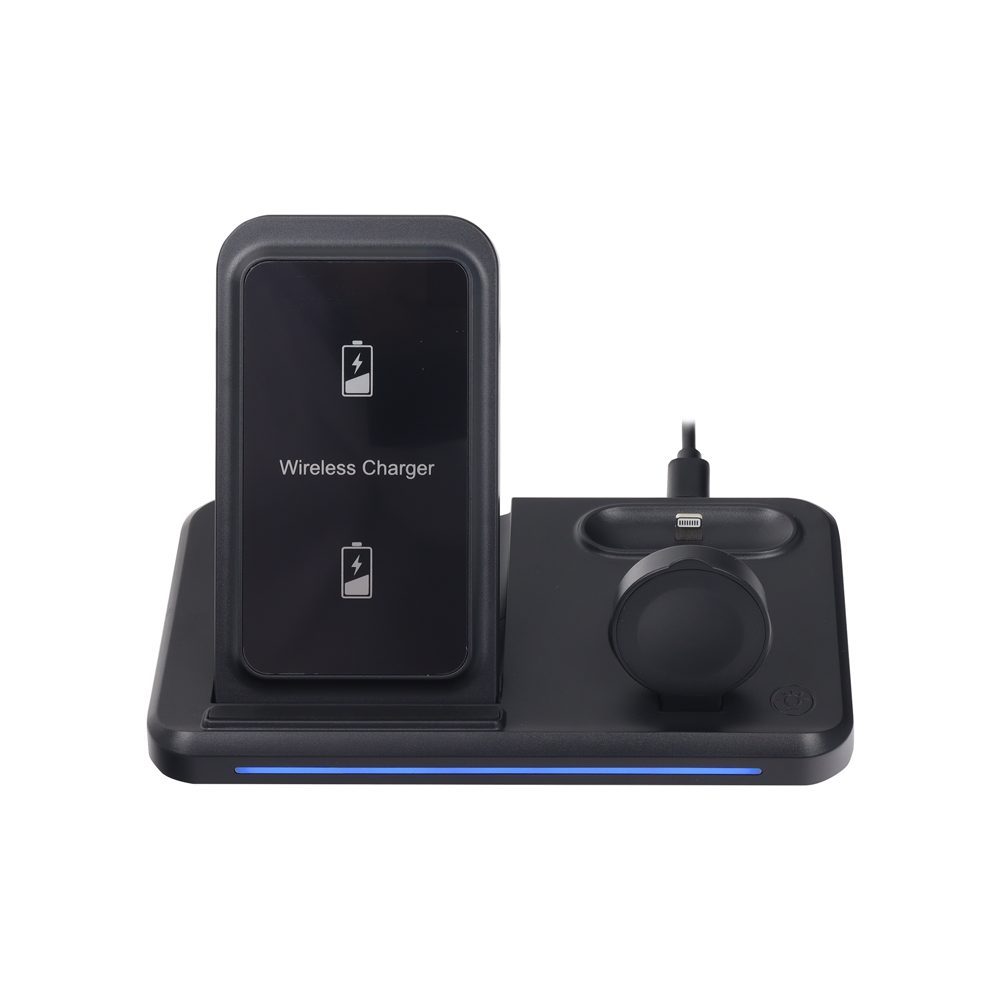MULTI CARGADOR INALAMBRICO 15W - Z10 Cargador multiusos para celular, smartwatch y audífonos TWS, compatible con dispositivos estándar Qi. Entrada: 5V/3A y 9V/3A. Salidas: celular hasta 15W/10W/7.5W/5W, AirPods 3W máximo, iWatch 2.5W máximo. Fabricado en materiales resistentes ABS, PC y acrílico. Perfecto para cargar varios dispositivos de forma rápida y segura en un solo equipo.