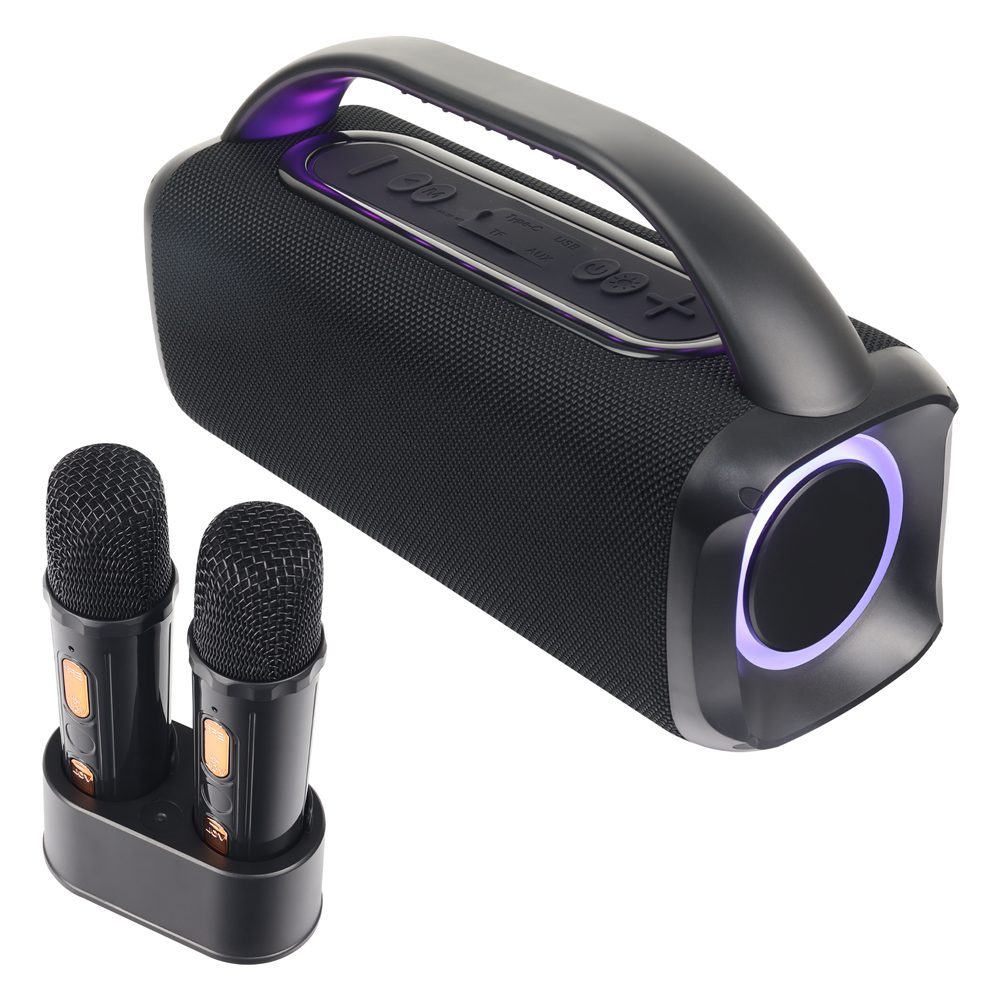 SPEAKER BT BOOMBOX + MICS - X993K 2 micrófonos inalámbricos incluidos. • Interfaz: USB/ Tarjeta TF /AUX 3.5 MM/Bluetooth • Iluminación RGB • Radio FM • Bluetooth 5.3 • Distancia de transmisión: 10 M • Potencia de salida: 20 W*2 -Tiempo de reproducción 3-4 -Respuesta A la frecuencia: 10 Hz-10 kHz -Diámetro de altavoz: 78 mm • Capacidad de batería: 4000 mAh Uso recomendado para potenciar tu experiencia diaria.