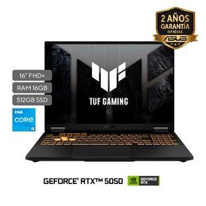 Portátil ASUS Consumo TUF Gaming F16 FX608JHI-TU231 | Intel® Core™ i5 Processor 14450HX 2.4 GHz |16" FHD WUXGA (1920 x 1200 ) Anti-glare display 300nits |16GB DDR5-5600 SO-DIMM Max: 64GB | 512GB PCIe® 4.0 NVMe™ M.2 SSD |NVIDIA® GeForce RTX™ 5050 Laptop GPU 8GB GDDR7 |Camara 1080P FHD |Wi-Fi 6E(802.11ax) (Triple band) 2*2 + Bluetooth® 5.4 Wireless Card |Lan: 10/100/1000 Mbps |Teclado tipo Chiclet Backlit  Keyboard 1-Zone RGB With Copilot key in Windows |No preinstalled OS | 2.20 Kg | Jaeger Gray|Ranuras Expansión (incluye el utilizado) 2x DDR5 SO-DIMM slots,2x M.2 PCIe |Trusted Platform Module (Firmware TPM)| Garantía 1 año a través del Centro de Servicio autorizado por la marca.