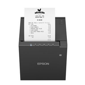 Epson POS • TM-M30IIIH-052 // Puertos: USB+Ethernet, Wi-fi integrado+Bluetooth 5.0, USB-C para carga (x1) y para dispositivo (x1) , USB-A para periférico (x2); Autocortador, Ancho: 80/58mm, Velocidad: 300mm/s, Incluye fuente. Garantía: 2 años en Centro de Servicio Autorizado. Color Negro