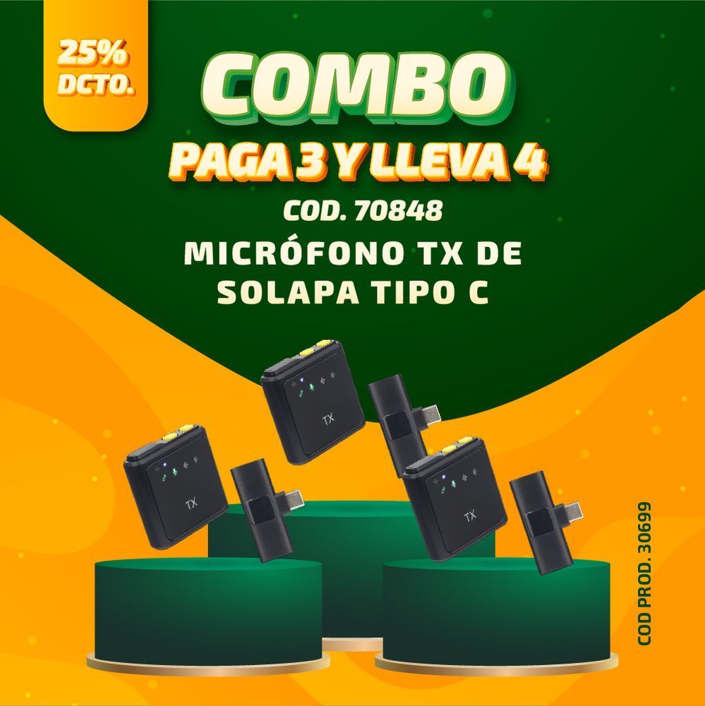 COMBO JUL. 2026 PAGUE 3 LLEVE 4 COD. 30699 MICROFONO TX DE SOLAPA TIPO C Obtén grabaciones claras y profesionales con este micrófono inalámbrico 2.4G Tipo C, ideal para transmisiones, entrevistas, videollamadas y creación de contenido desde dispositivos móviles. • Conectividad inalámbrica 2.4G para transmisión estable y de baja latencia • Receptor USB Tipo C compatible con smartphones, tablets y otros dispositivos compatibles • Micrófono omnidireccional de 360° para captación uniforme de la voz • Tres modos de grabación: sonido original, reducción de ruido y efecto de reverberación • Control de volumen integrado y botón para silenciar rápidamente el micrófono • Sensibilidad del micrófono: -38 dB para una captura...