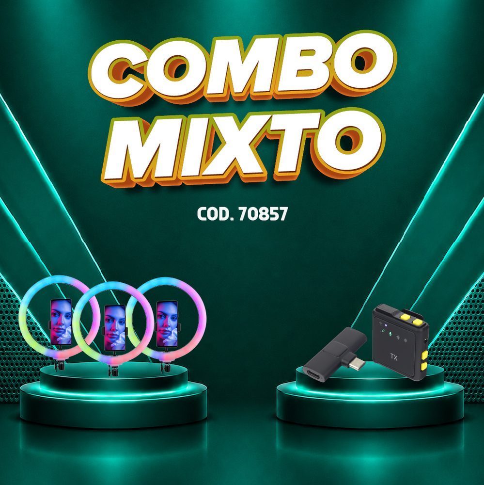 COMBO 1 MIXTO JULIO 2026 ARO DE LUZ 33 CMS RGB + TRIPODE 2.1MTRS COD 30555 Mejora la iluminación de tus fotos, videos y transmisiones con este aro de luz LED RGB de 33 cm, diseñado para ofrecer mayor versatilidad, iluminación uniforme y un montaje práctico para creación de contenido. • Potencia: 30 W para una iluminación brillante y eficiente • Alimentación USB para conexión práctica a múltiples fuentes de energía • Tamaño del aro: 33 cm para una cobertura de luz amplia y uniforme • Iluminación RGB con múltiples efectos y ambientes de color • Soporte para celular con rotación de 360° para ajustar...