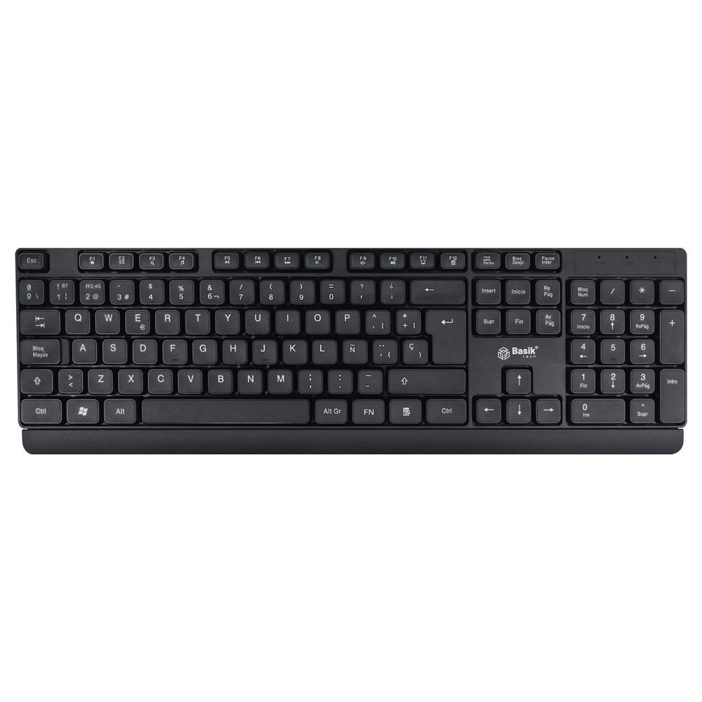 TECLADO INALAMBRICO BT+2.4 Teclado inalámbrico Bluetooth+2.4GHz -Interfaz: 2.4GHz + Bluetooth -Versión Bluetooth: 5.0 -Con receptor USB tipo A -Cantidad de teclas: 105 -Distancia de operación: 10 metros -Tipo de mecanismo: membrana -Durabilidad del Switch: 10 millones de pulsaciones -Batería: 3.7V, 200mAh -Voltaje y corriente de trabajo: 3.7V/10mA -Voltaje y corriente de carga: 5V/500mA -Tiempo de carga: 2 horas -Tiempo de uso: Aproximadamente 20 horas de uso continuo -Dimensiones: 431*137*26mm -Longitud de cable USB-C: 30cm -Peso: 420g -Soporta sistemas operativos: Win/iOS/Android -Material: ABS