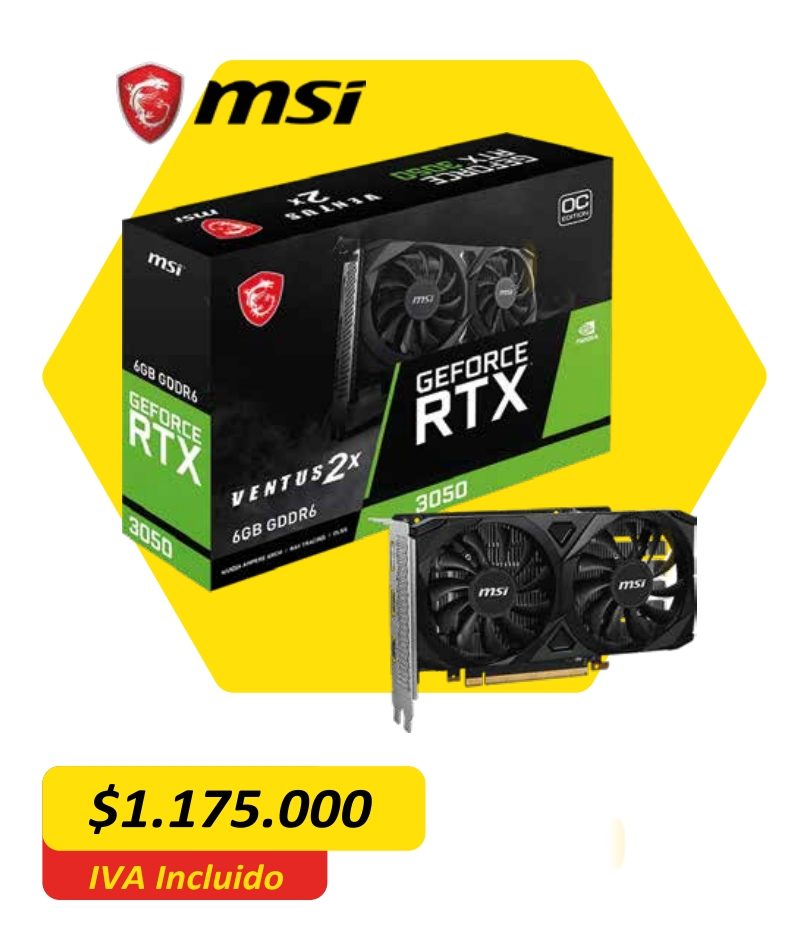 Tarjeta de Video GeForce RTX  3050 VENTUS 2X 6G OC Referencia: 912-V812-223 Memory: 6GB GDDR Motor de gráficos: NVIDIA GeForce  RTX 3050 Norma Bus: PCI Express Gen 4 x16  (uses x8) Interfaz de Memoria: 96-bit Velocidad clock núcleo (MHz): Boost:  1492 MHz Velocidad clock memoria (MHz): 14  Gbps Consumo (W): 70 W Salida: DisplayPort x 1 (v1.4a); HDMI  x 2 (Supports 4K@120Hz as specified  in HDMI 2.1) Alimentación recomendada (W): 300W Resolución máxima digital: 7680x4320