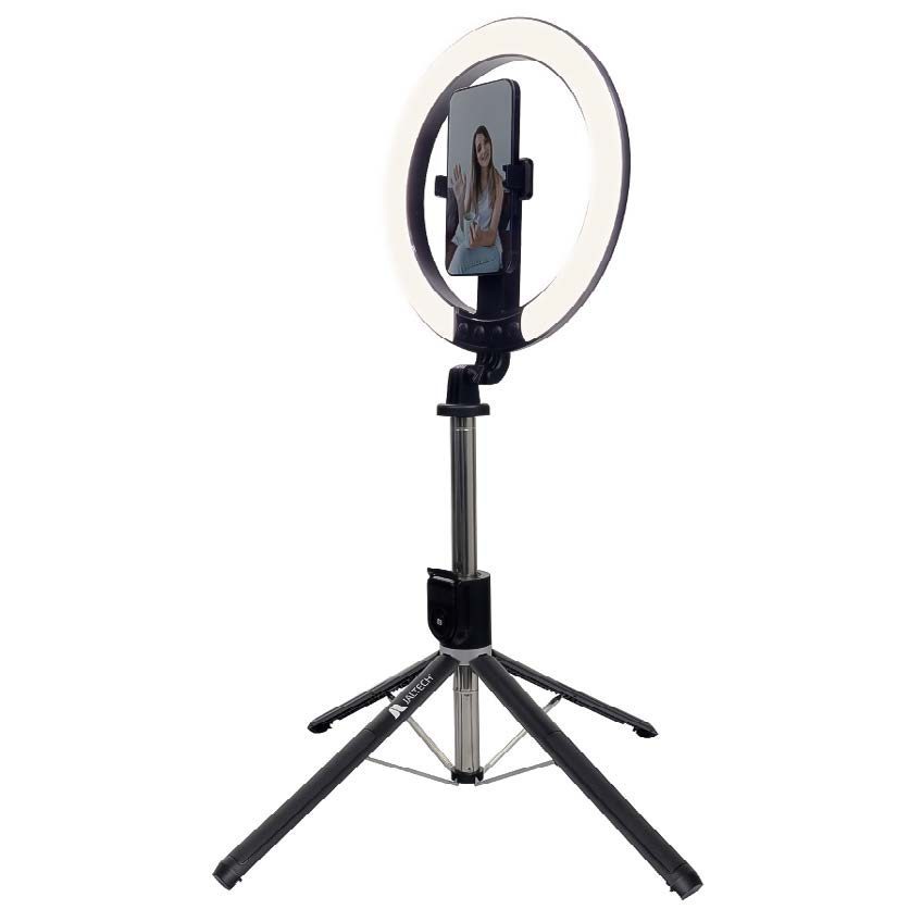 ARO DE LUZ 26CM + TRÍPODE | Función 3 en 1: trípode, aro de luz y selfie stick en un solo dispositivo | Aro de luz LED de 26 cm para una iluminación uniforme y profesional | Altura ajustable hasta 2.3 metros | Diseño plegable y portátil, fácil de transportar y almacenar | Rotación 360° permite grabar y tomar fotos desde cualquier posición | Soporte ajustable para celulares de 4.7” a 7”, compatible con uso