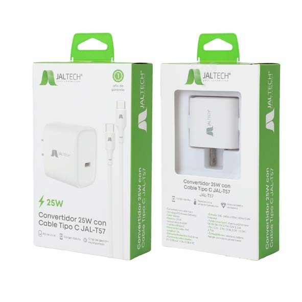 CONVERTIDOR 25W CON CABLE TIPO C JAL-T57 | Convertidor con cable tipo c | Tecnología PD (Power Delivery) | Color: blanco | Potencia: 25W | Incluye cable de 60W | 1 salida USB tipo C