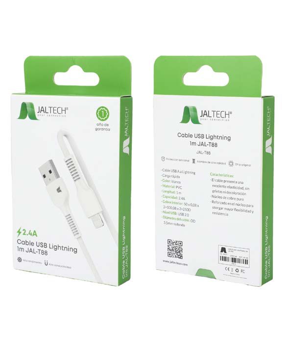 CABLE USB LIGHTNING 1M JAL-T88 | Cable USB A a Lightning | Color: Blanco | Material: PVC | Longitud: 1m | Carga rápida | Capacidad: 2.4A