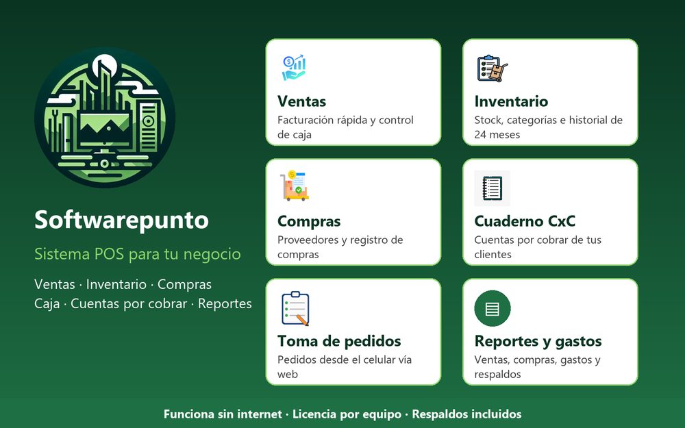 Softwarepunto – Sistema POS para tu negocio  Administra tu negocio completo desde un solo programa. Softwarepunto reúne en una sola pantalla todo lo que necesitas para vender, controlar tu mercancía y conocer tus números, sin complicaciones.