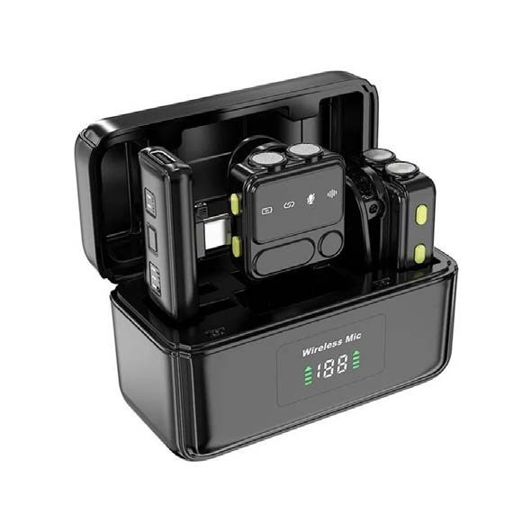MICRÓFONOS 2 EN 1 TX SET X2 - MMD-F35U | 2 micrófonos inalámbricos | 1 receptor Tipo C | Distancia de transmisión: 20m | Puerto de carga: Tipo C | Protocolo 2.4G | Plug and play